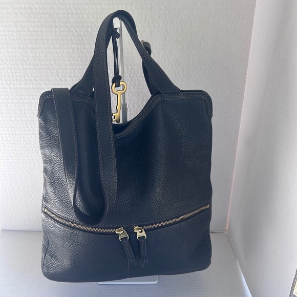 Fossil Handbags - Fossil‎ Eric Foldover Tote Bag Women Large Black Pebbled Leather Crossbody